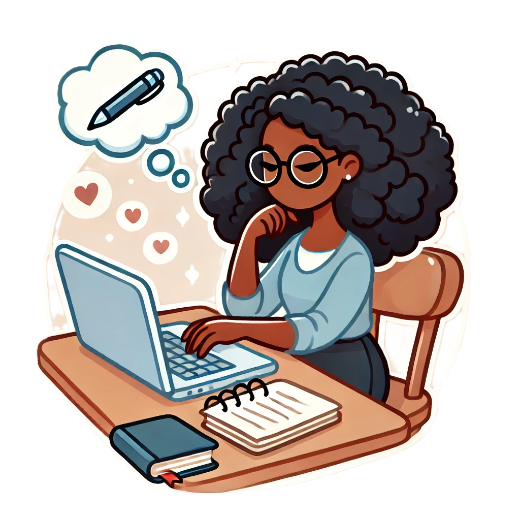 clipart of a black woman with curly hair and glasses typing on a laptop with a notebook beside her and a thinking buble 